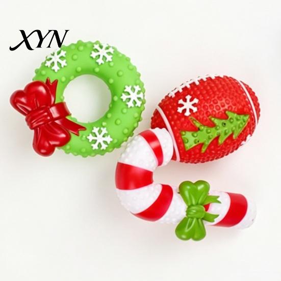 Pet Training Play Supplies Christmas Dog Squeaky Chew Toys, Teeth Cleaning Interactive Holiday Themed Durable Toys for Aggressive Chewers Balls