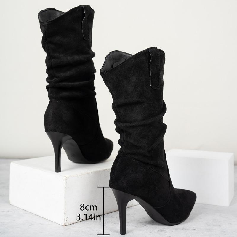 Fashion New Style Popular Vintage Pleated Pointed Toe Mid-Calf Boots Women Thin Low Heels Shoes Fashion Short Ladies Boots Zapatos Mujer