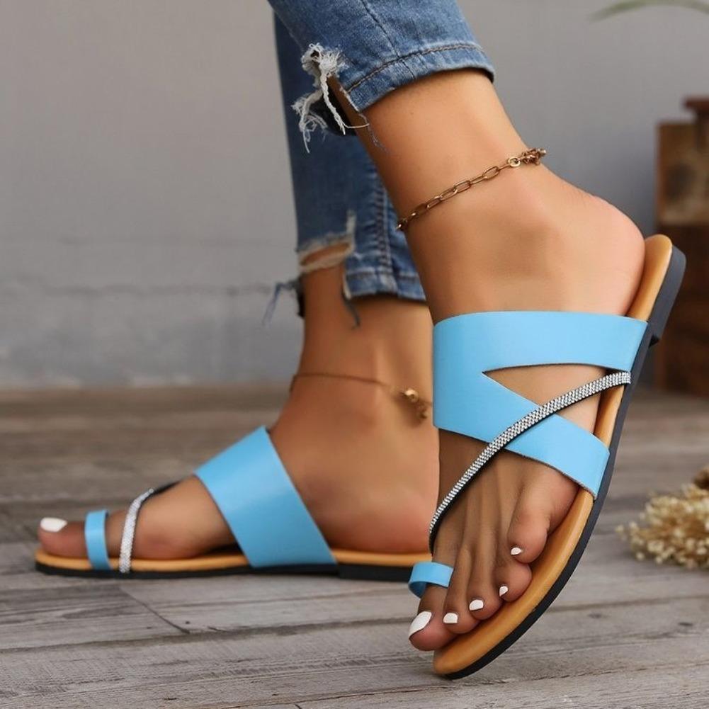 Fashion Women's Summer Fashion Clip Toe Leather Sandals Casual Lightweight Comfortable Outdoor Beach Slippers Rhinstone Strap Sandals