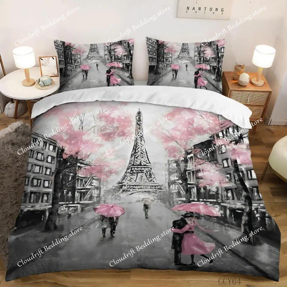 Eiffelturm Bettwäscheset Queen-Size Paar Valentinstag Bettbezugset für Frauen Romantisches Paris Bettbezug Raumdeko