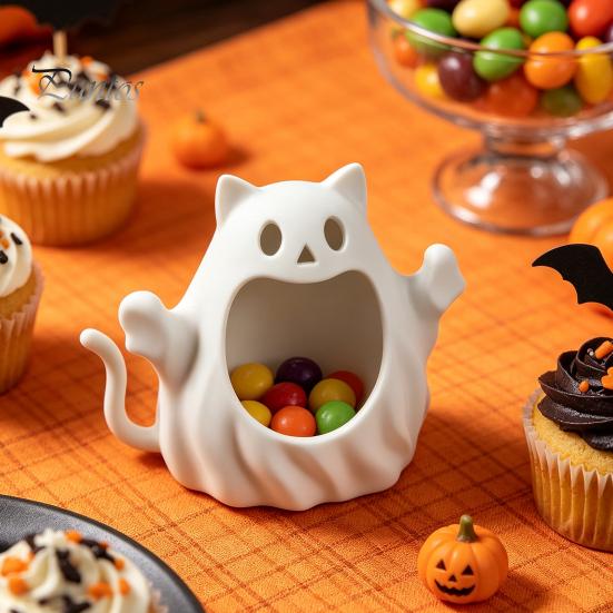 Ghost Figurine Storage Holder 3D Printed Halloween Cat Holder, Decorative Kitten Statue with Cute Spooky Home Decorations Hollow Storage, Candy Bowl,