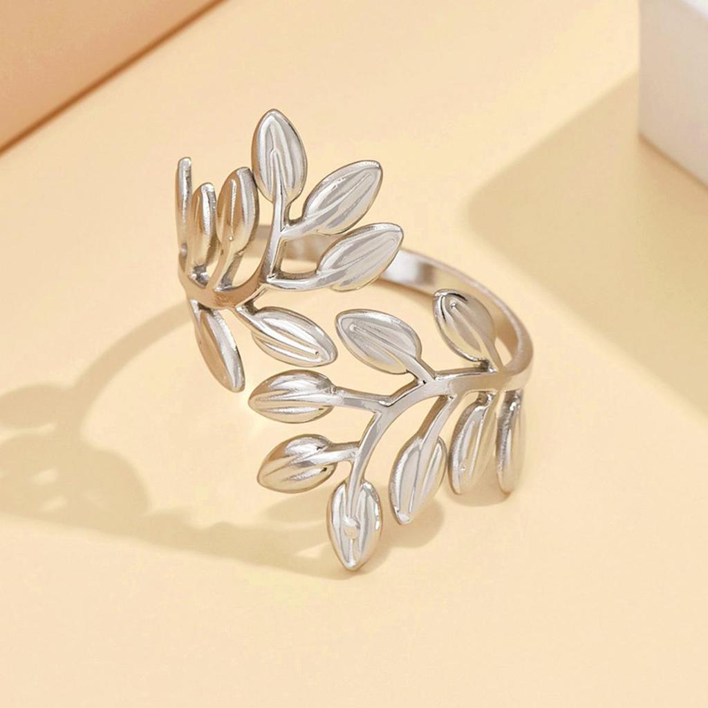 Elegant Gold Leaf Adjustable Stainless Steel Ring for Women - Durable, Fairy Forest Style