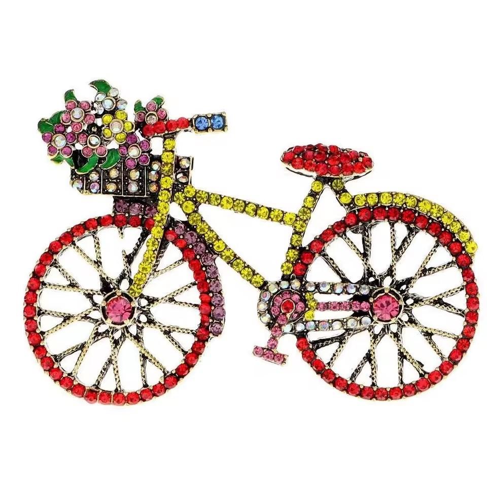 Creatieve Fiets Broche voor Dames Heren Mode Strass Bloemenmand Broches Spelden Sieraden Accessoires Feest Cadeaus 2025