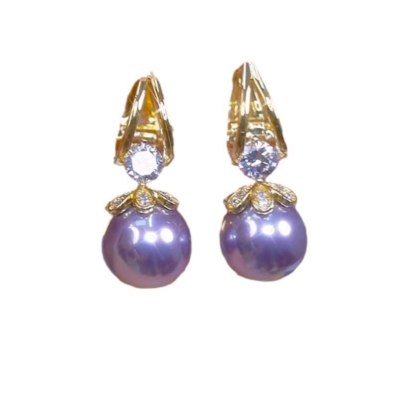 New Retro Light Luxury Purple Pearl Ear Buckle, High-end Flower Earrings Internet Celebrity Earrings