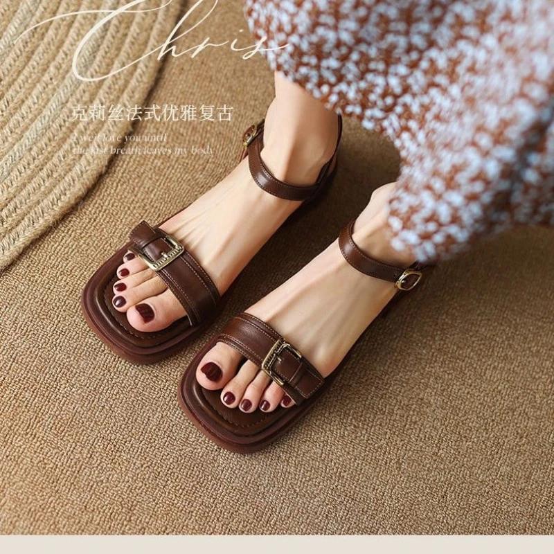 Fashion Flat Leather One Word Buckles Summer 2024 Sandals For Woman Footwear Open Toe With Low Heels Women's Shoes Young On Sale Offer H