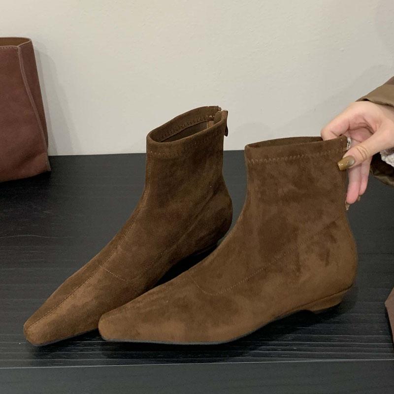 Mode Eilyken Winter Hohe Qualität Reißverschluss Damen Stiefeletten Spitzschuh Niedrige Absätze Vintage Freizeitschuhe