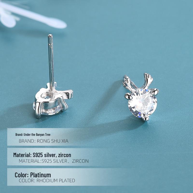 Banyan Tree S925 Silver Deer Antler Diamond Earrings - Korean Style Cute Elk Design for Women