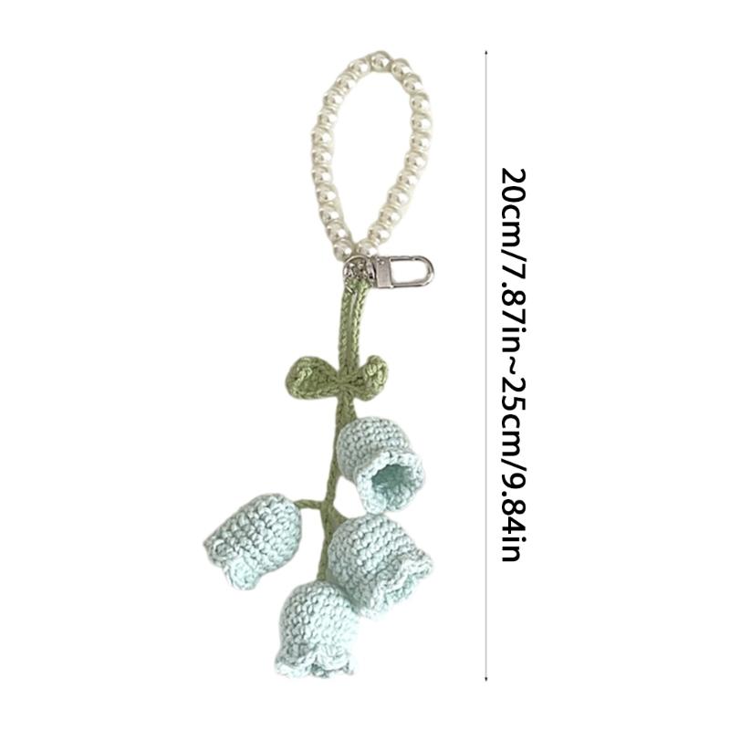 Breloc cu flori croșetate atrăgător, tricotat manual, cu flori, pandantiv, perle, bijuterii pentru chei și rucsacuri