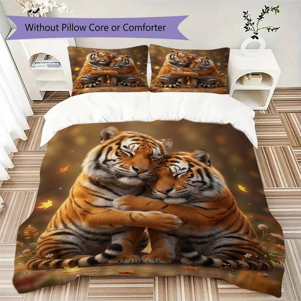 Sweet Tiger Pairs Pattern Bedding Uilt Set Uilt Cover Pillowcase Home Decoration Birthday Gift (1 * Duvet Cover + 2 * Pillowcase Without Core)