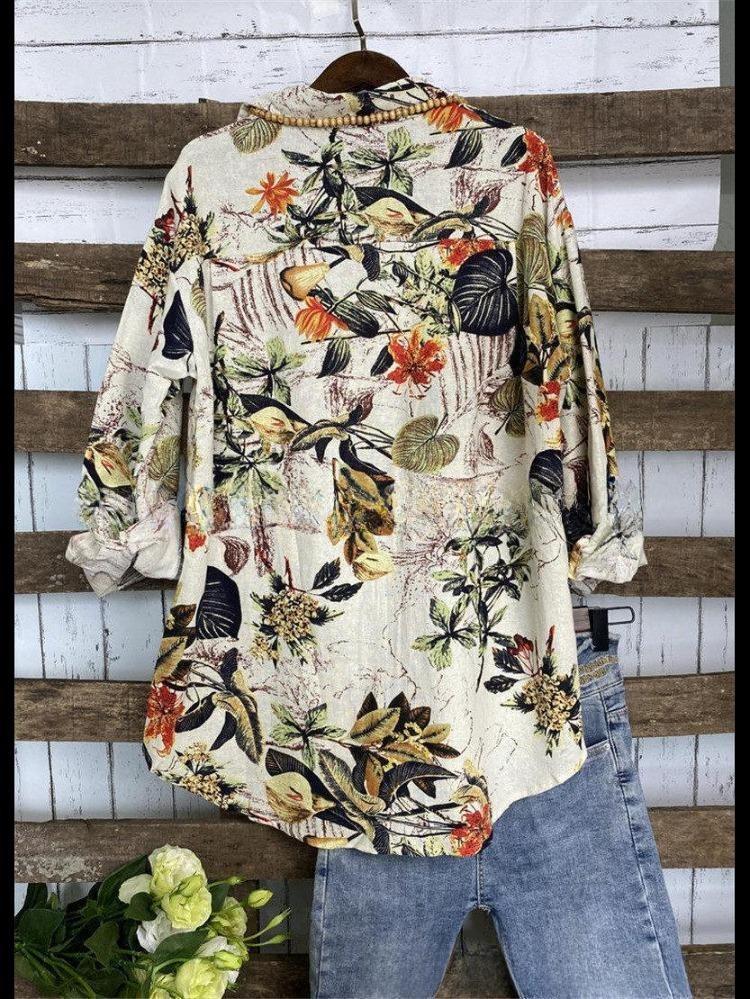 Comfortable Casual Loose Fit Blouse  Long Sleeve Printed Cotton Linen Top