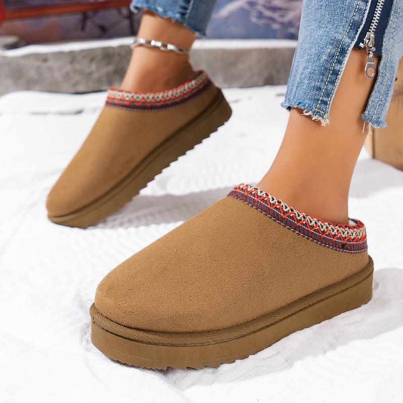 Fashion Ethnic Geometric Embroidery Close Toe Cotton Slides Women 2025 Short Plush Flat Heel Snow Boots Winter Warm Indoor Slippers