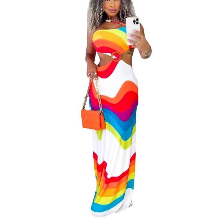 

Европейское и американское сексуальное платье-халтер с принтом и вырезом на спине XL разноцветный