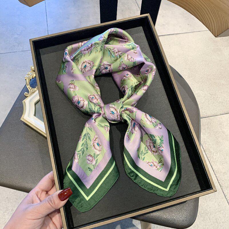 Korean Style Sweet Green Floral Butterfly Faux Silk Scarf - Women’s Versatile Spring/Summer Neck Scarf, 70cm Square.