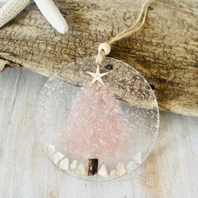 Coastal Christmas Ornament Hanging Sea Glass Pieces Light Catcher Beach Glass Suncatcher On Acrylic Circle for Window Tree Decor