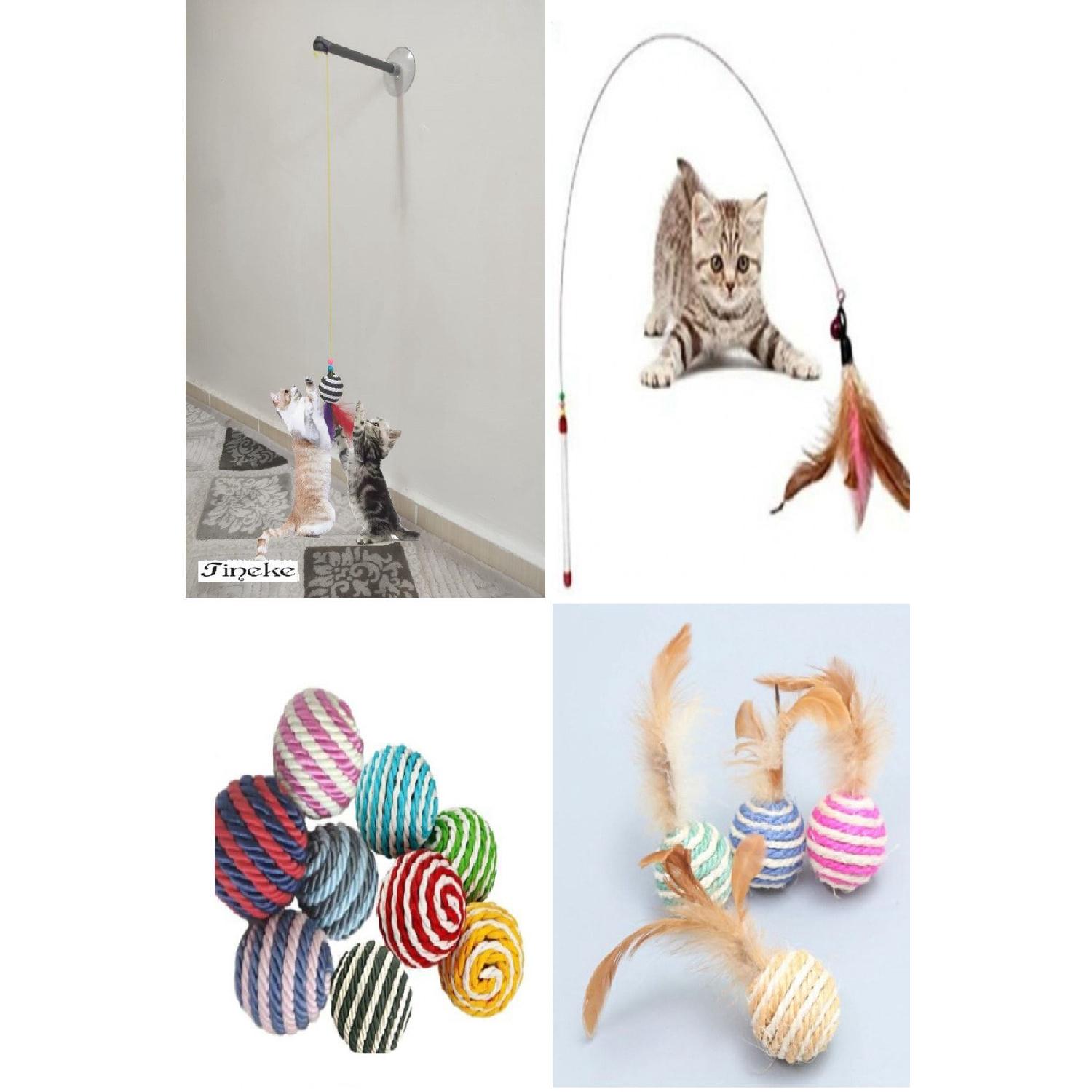 

Набір із 4 штук: 1 шматок вудки 90 см, 1 шматок м’яча для мотузки, 1 шматок котячої вудки з присоскою, 1 шматок волохатого м’яча