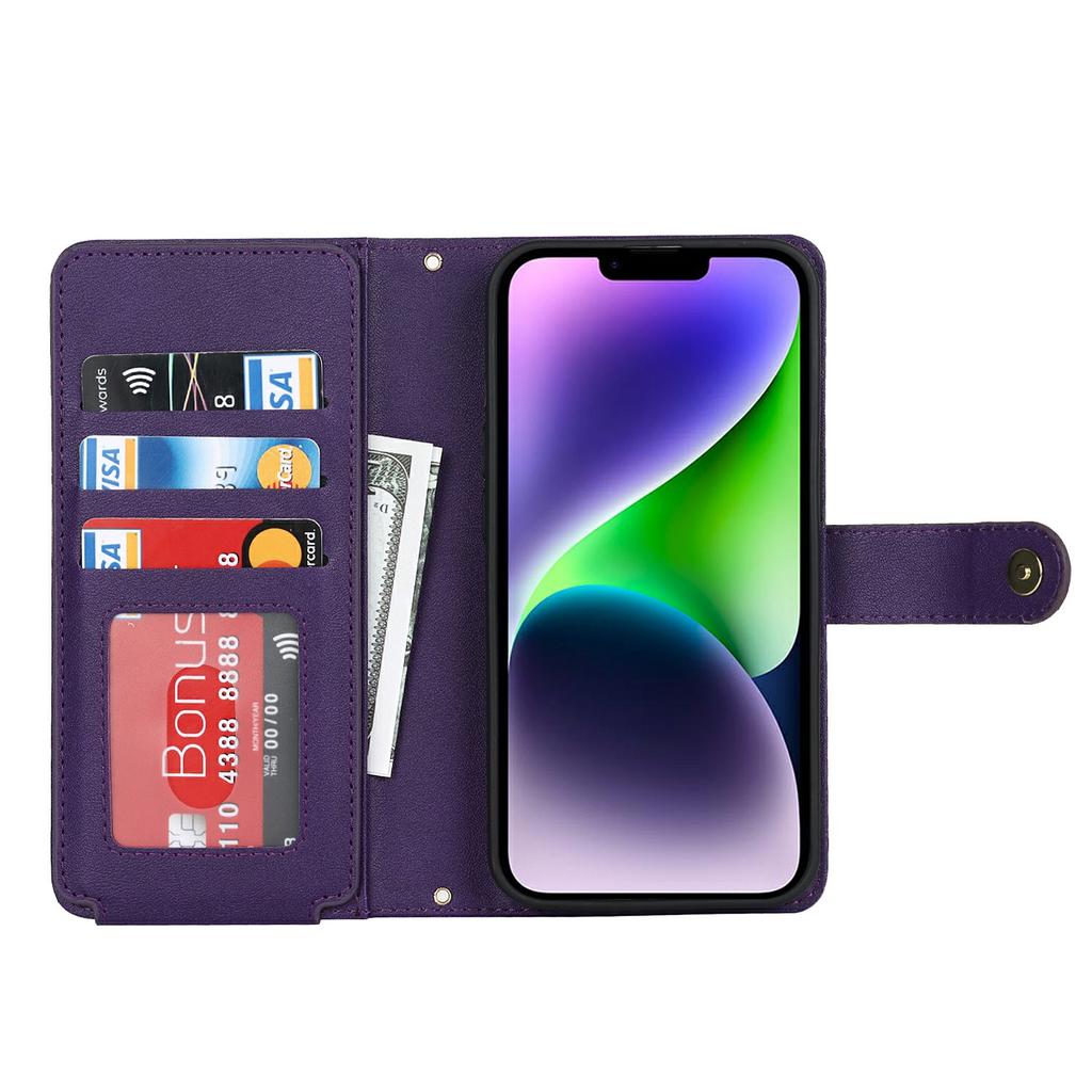 For iPhone 14 Plus Stand Case PU Leather Phone Cover with Straps/Zipper Wallet/Multiple Card Slots