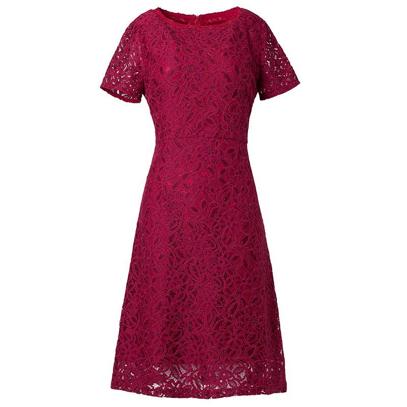 Elegant Wine Red Lace Dress with Waist-Cinching for Middle-Aged and Elderly - Autumn 2021 Collection
