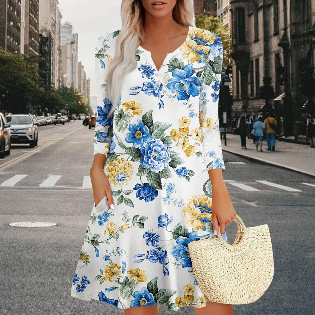 Women's Summer Dress Loose V Neck Three-quarter Sleeve Sundress With Pockets Dress