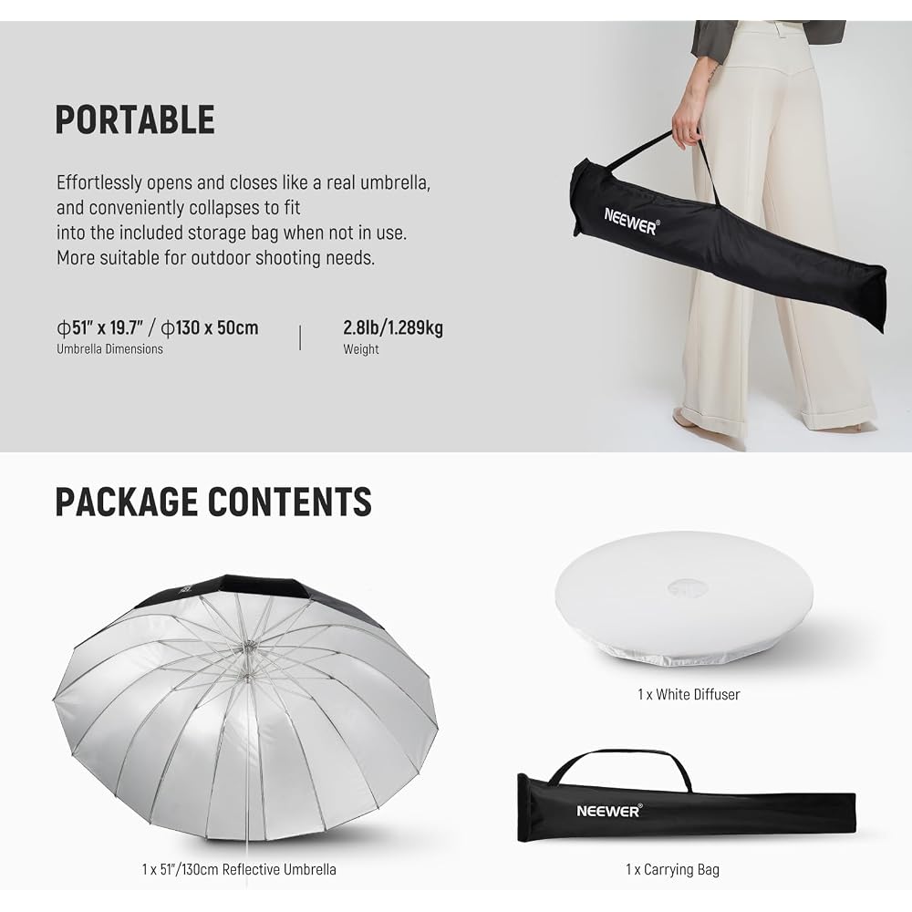 NEEWER 51"/130cm Parabolic Reflective Umbrella for Photography, Silver Inner/Diffuser Cover/Bag Included, Soft Lighting, Quick Folding, for Camera/Pho
