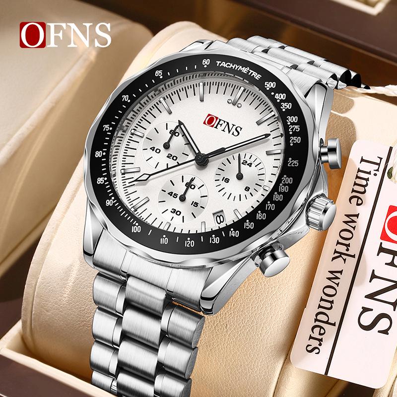 OFNS Men s Quartz Chronograph Wristwatch - Stainless Steel, Waterproof, Six Hands, Calendar