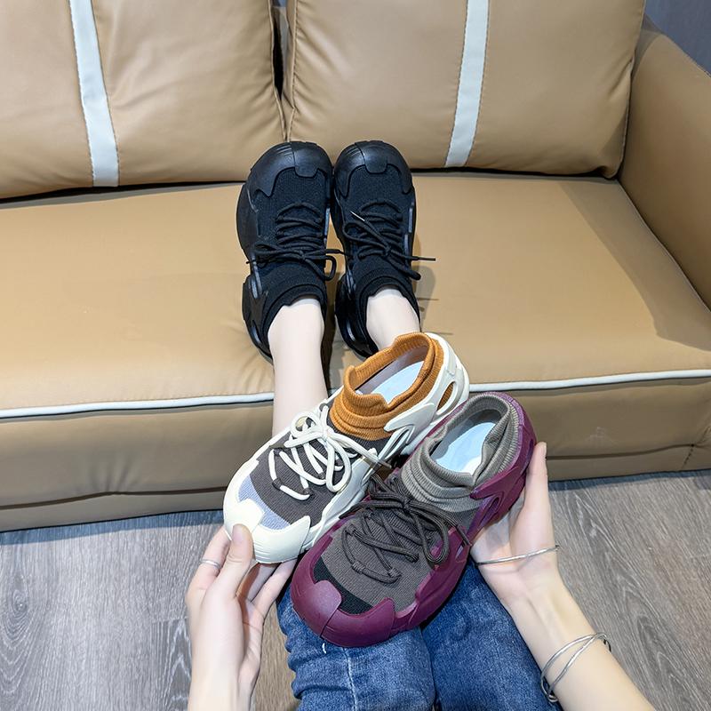 Fashion Women's Thick-soled Sneakers Lace-up Breathable Knitted Casual Shoes 2025 Spring and Autumn Fashion Tennis Shoes for Women