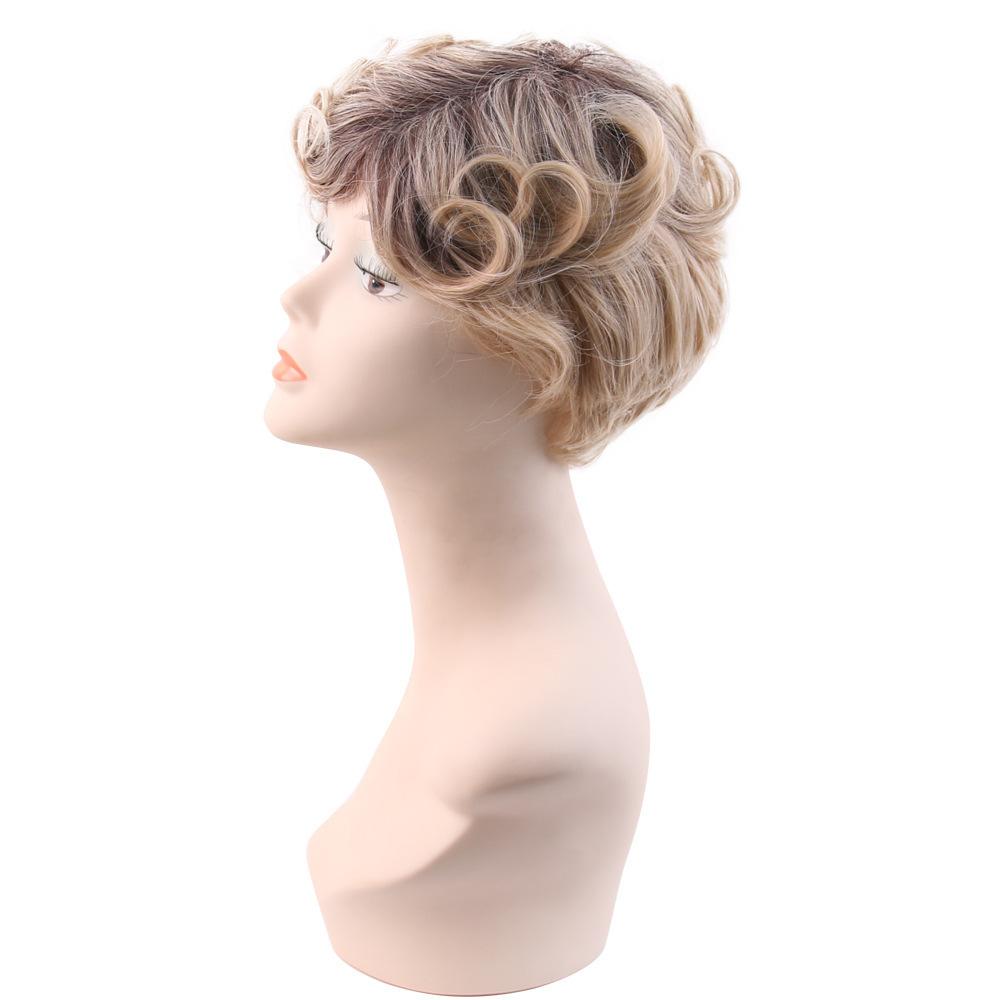 Ladies' Fashionable Brown Gradient Light Gold Partial Short Curly Hair Wig