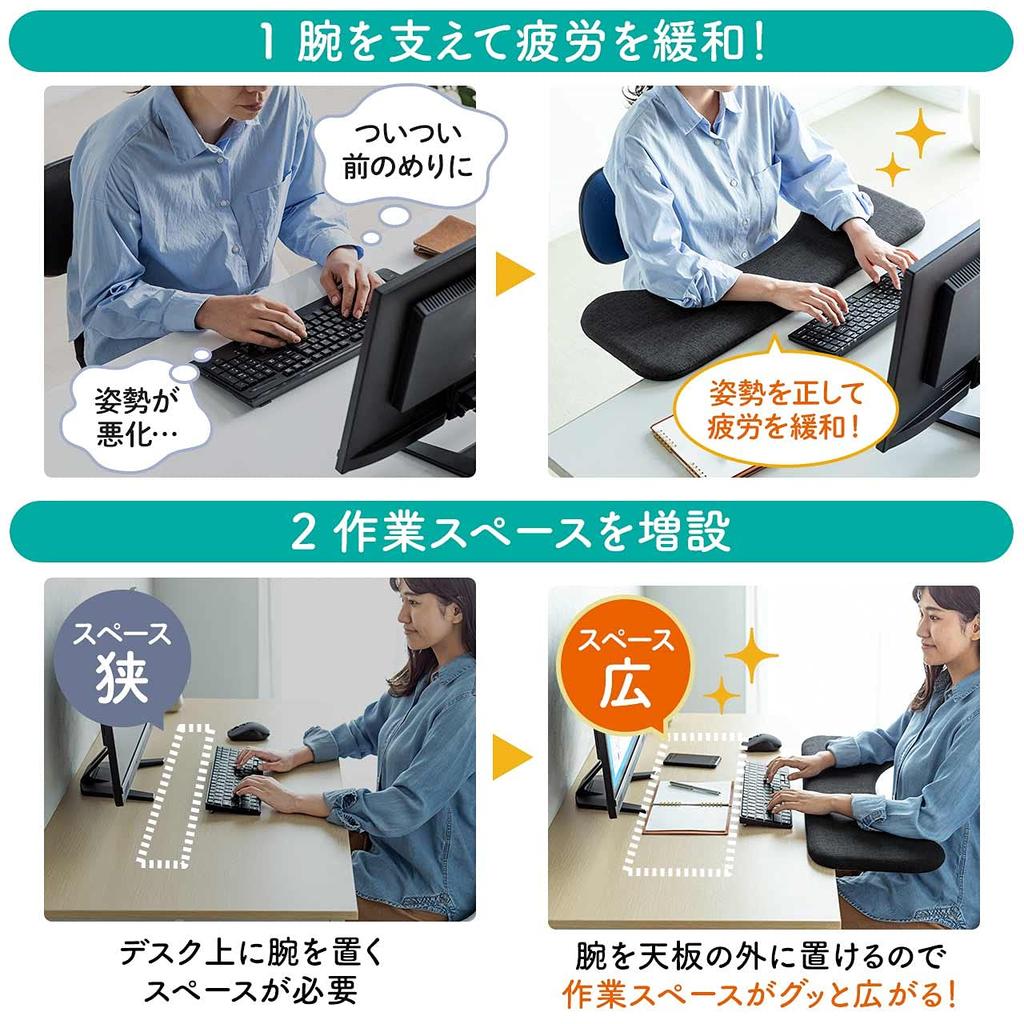 Sanwa Direct Wrist Rest, Armrest, One-Touch Desk Mount, 75.5cm Wide, Cushioned, Ergonomic, Black, 100-TOK005BK