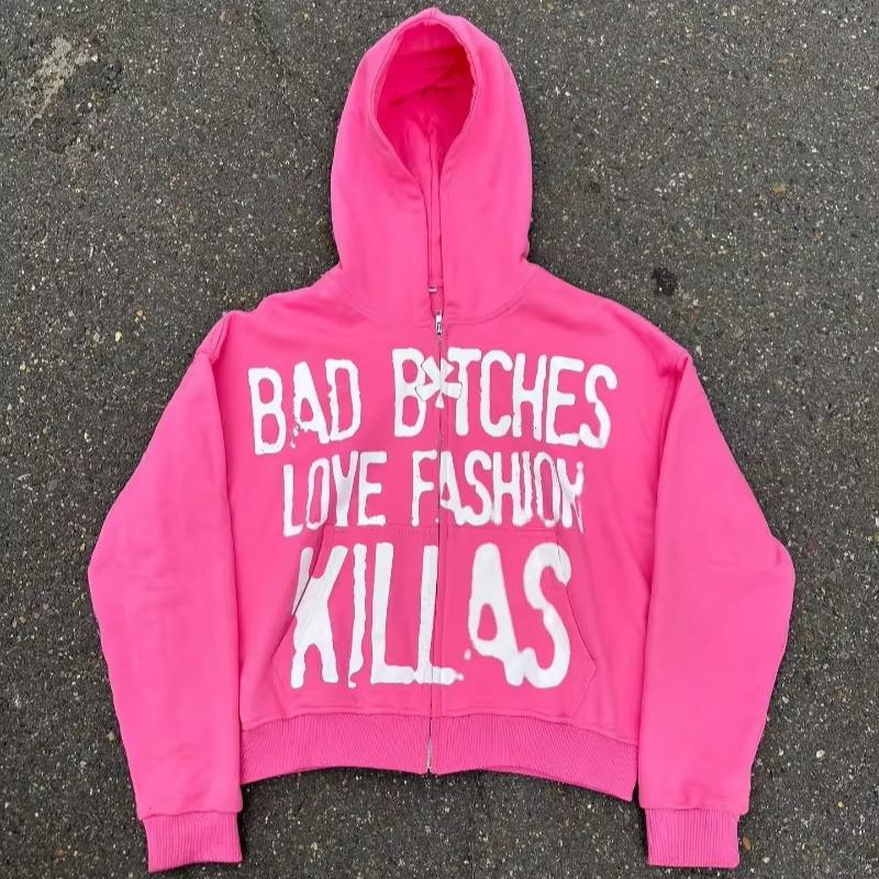 European and American retro street hip-hop letter printed men's and women's loose cardigan hooded sweatshirt Y2K