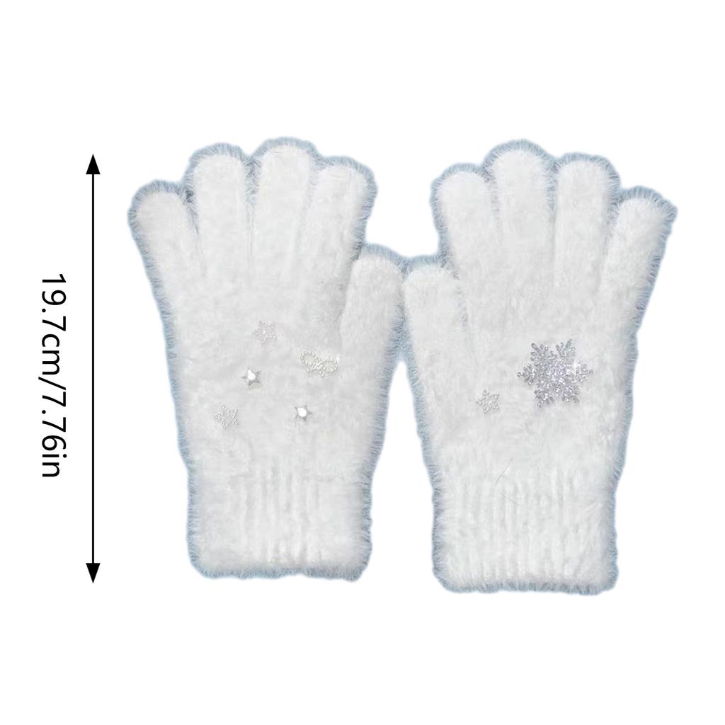 Snowflake Full Finger Gloves for Women Fashion White Short Gloves Cashmere Like Gloves for Teens Girl Casual Hand Warmer