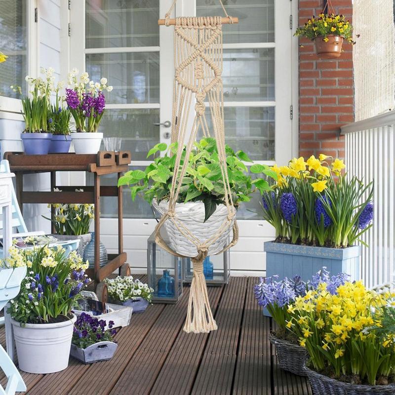 Handgefertigter Makramee-Pflanzenaufhänger Blumentopf-Aufhänger Hängeseil Geflochtenes Handwerk Für Wanddekoration Hof Garten Pflanzenhalter