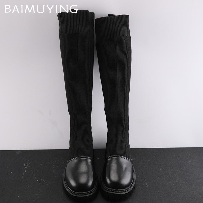 Winter Chunky Women High Boots Knitting Mid Heels Designer Shoes 2025 New Trend Classic Goth Knee High Motorcycle Botas De Mujer
