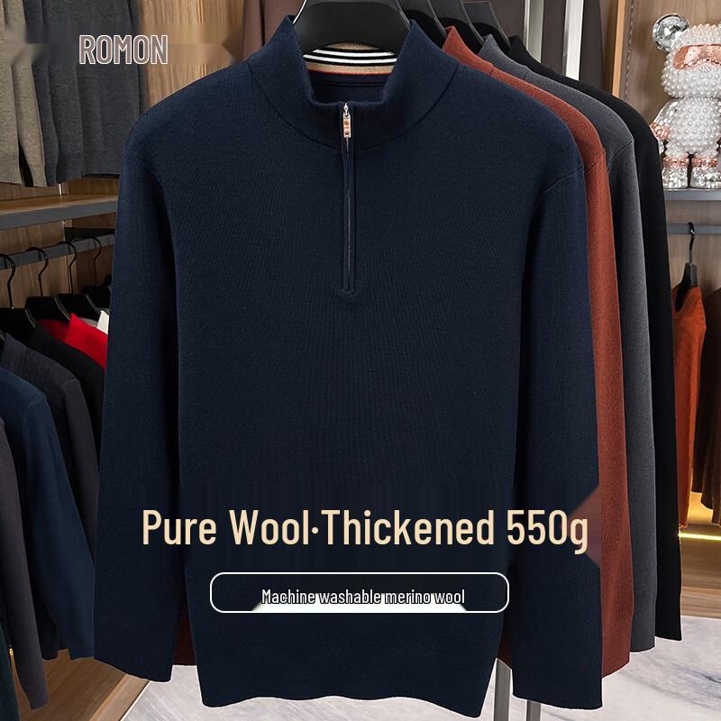 ROMON Men's Thickened Pure Wool Semi-High Collar Sweater
