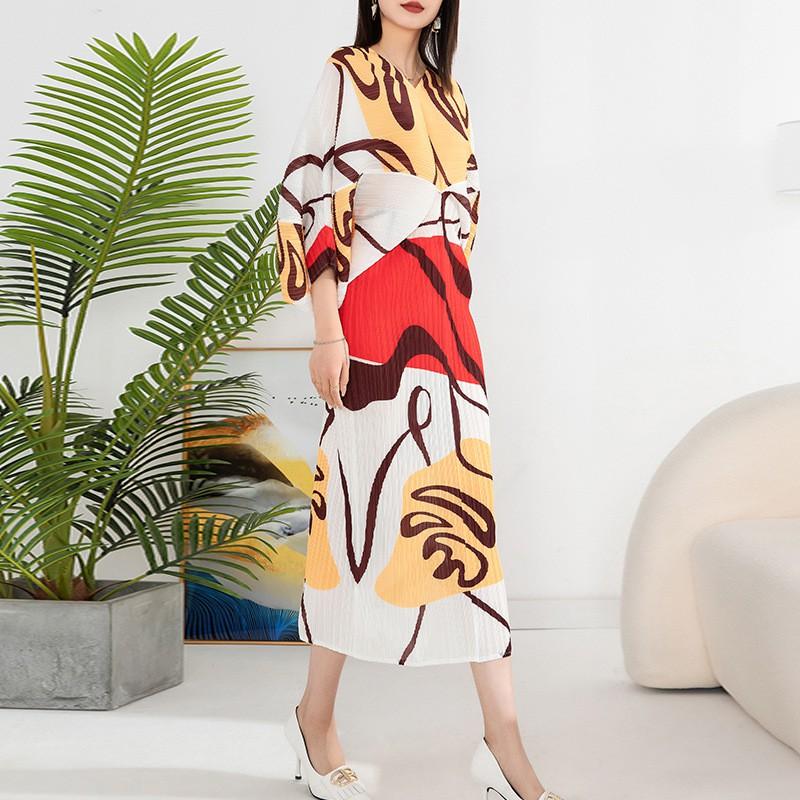 Elegant Pleated Print Batwing Sleeve Wrap Dress V-Neck Loose Fit Midi To Maxi Length Women