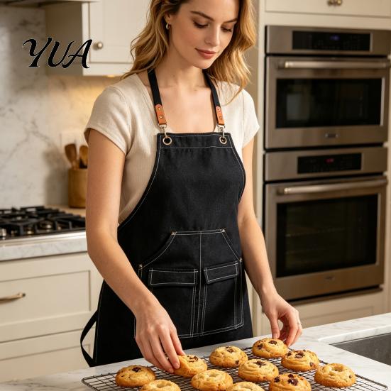 Polyester Cotton Apron Waterproof Kitchen with Pockets, Chef Cooking for Men Women, Easy Clean Cross Back Work Barista, Gardening, Painting