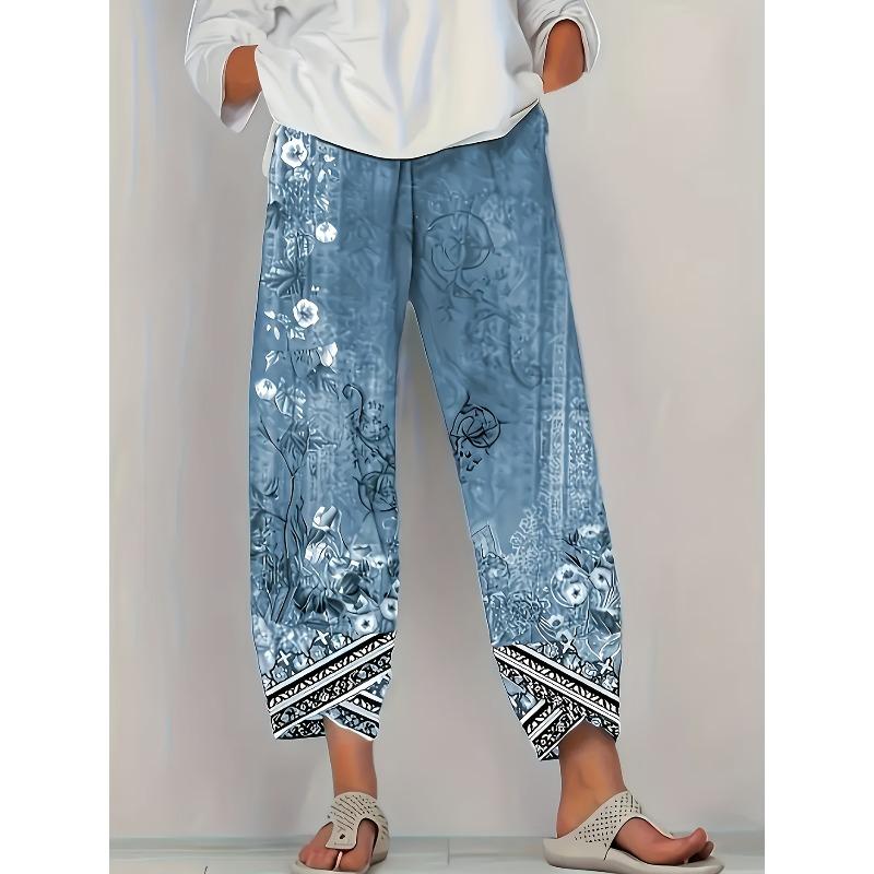 Chic Vintage Floral Capri Pants - Casual and Comfortable with an Elastic Waist and Pockets