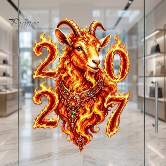 Static Glass Window Cling Chinese New Year Decoration, 2027 Goat Clings, Zodiac Home Art for Decals, Reusable Lunar Christmas Decor Store Decorations