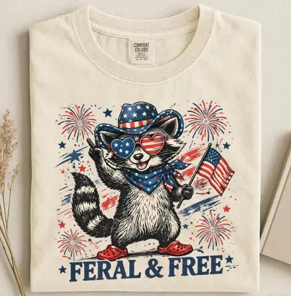 Feral and Free Raccoon Shirt Patriotic USA July 4th Tee 3XL
