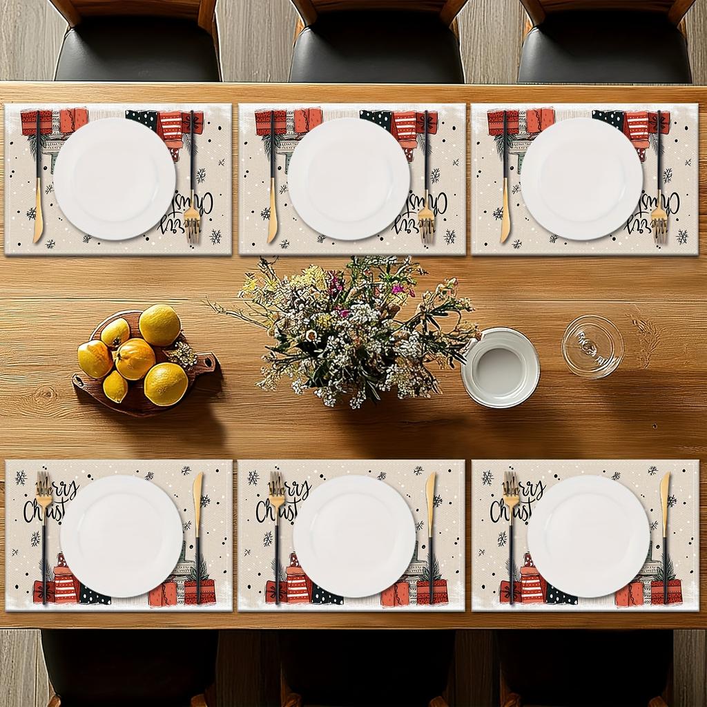 4pcs/6pcs Winter Christmas Placemats, Santa Claus, Colorful Gift Boxes, Snowflake Washable Linen Table Mats, Suitable for Kitchen Dining Table Decor,