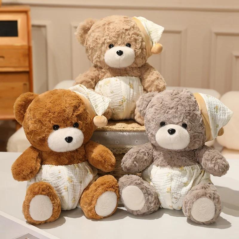 Brown Bear Plush Toy With Sleeping Cap Curly Fur Soft Fluffy Stuffed Animal Doll For Bedroom Home Decor Gift Collection Girl