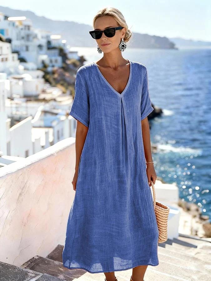 New casual spring and summer loose long dress short-sleeved V-neck solid color cotton and linen dress