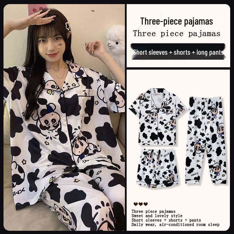 Kuromi Japanese-Style Cotton Pajamas: Women's Summer Lapel Sweet Cardigan Homewear Three-Piece Set