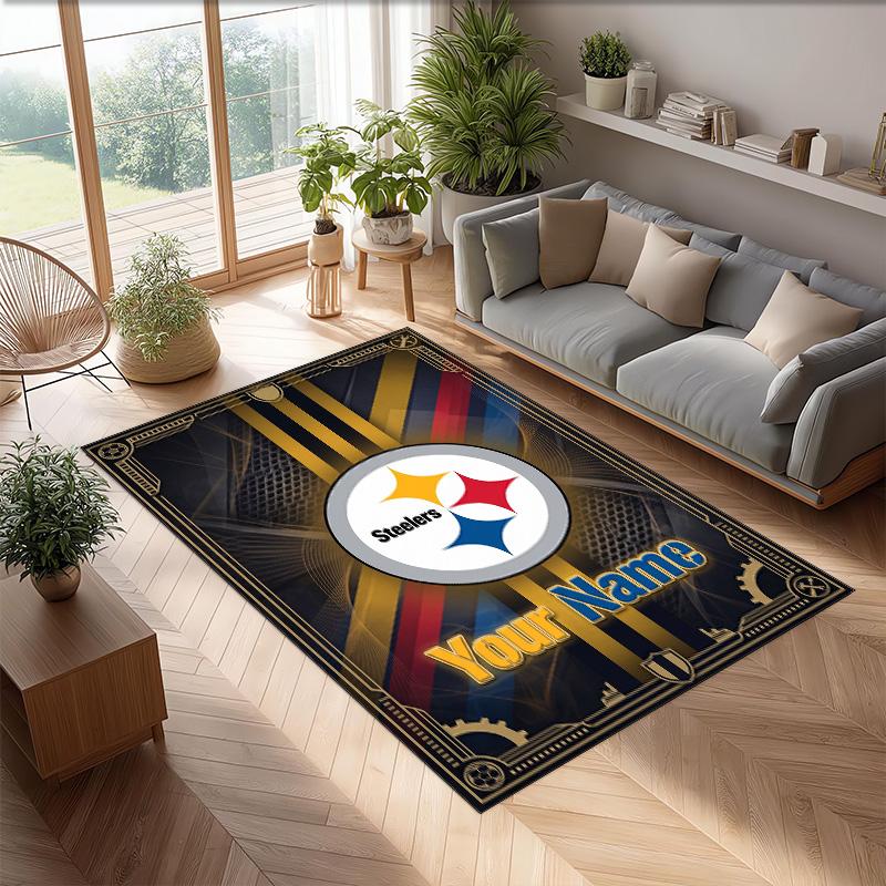 Pittsburgh Steelers Crystal Velvet Rug, Custom Name Text Personalized Non‑Slip Floor Mat for Home Decor Gift