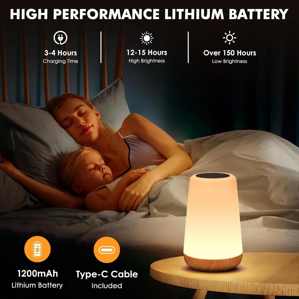 Night Light, Dimmable Touch Lamp for Bedroom, Portable Table Bedside Lamp, 5 Brightness 13 RGB Colors, Night Lights for Baby Nursery Bathroom