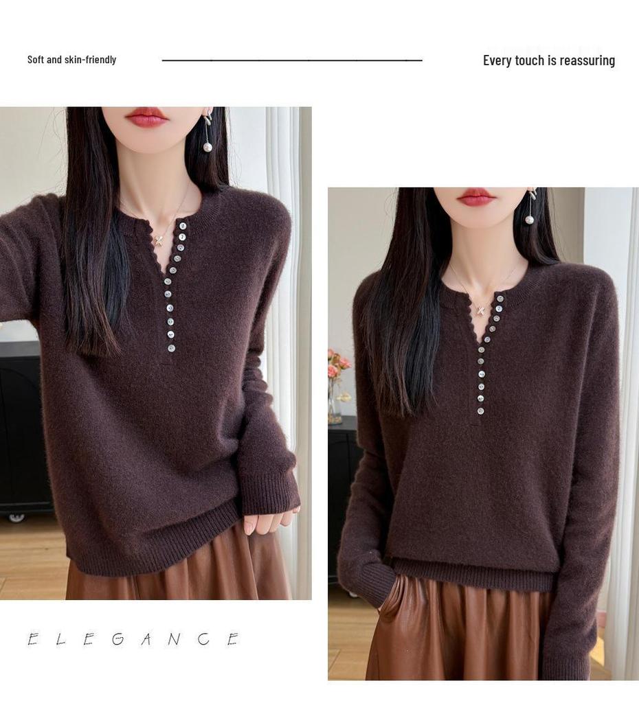 Autumn/Winter Women's Pure Wool V-neck Long Sleeve Multi-button Loose Sweater