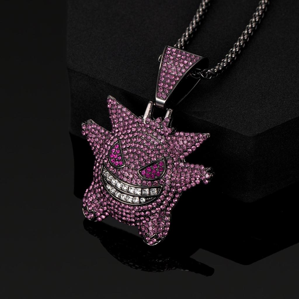 Přehnaný hip-hopový náhrdelník s přívěskem Gengar: Slitinový kreslený řetízek na svetr s plnými diamanty