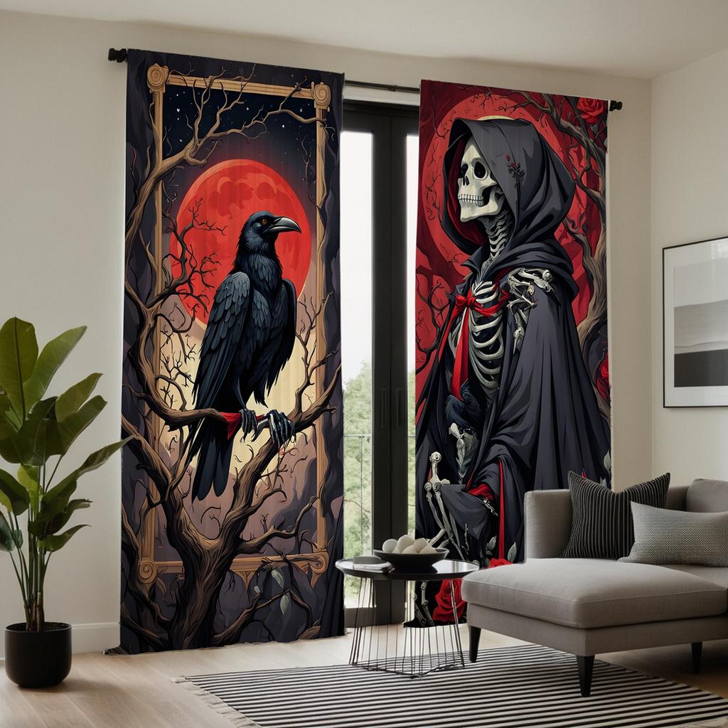 2pcs set HD decorative curtain Halloween Rose Skull Eagle Black Tie digital printed curtain Home Decor style Decorate Living
