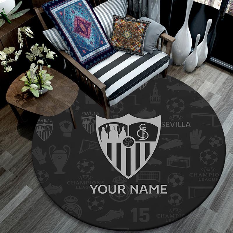 Custom Name Sevilla FC Round Area Rug,Carpet Rug for Living Room Bedroom Sofa Playroom Decor,Non-slip Floor Mat