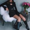 Heart Cut Out Ribbed Knit Tops for Women Autumn Elegant Flare Sleeve Sexy Slim Tops Basic Pullovers Streetwear