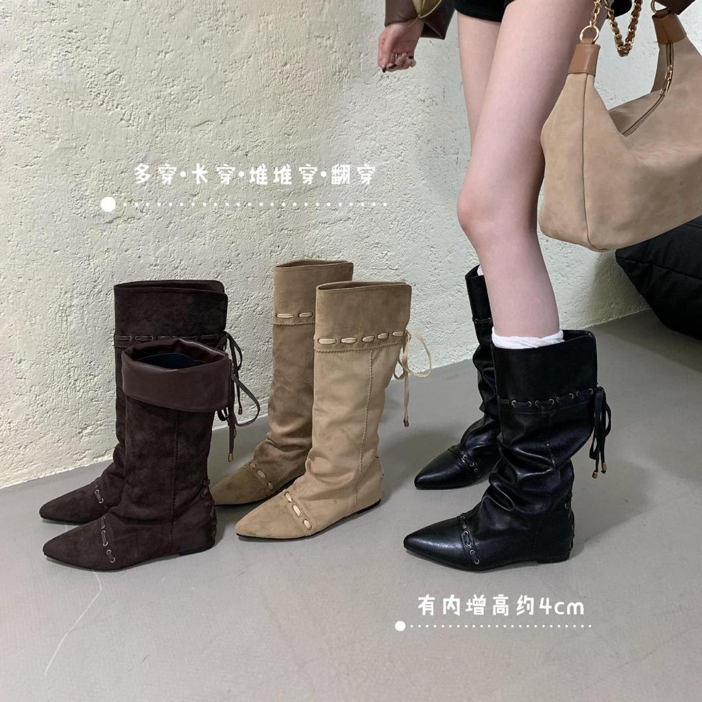 Design sense Spice girl wedge trouser boots autumn and winter new pointed but knee mid-heel fashion boots temperament fashion boots