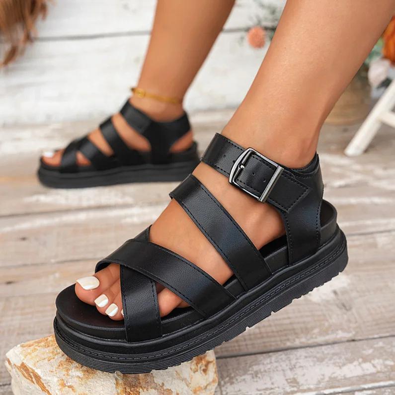 Summer 2025 Women's Large Size Comfortable Thick Heel Fish Mouth Sandals Fashionable Slip-On PU Leather Ladies Slippers